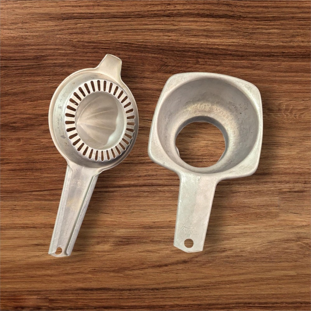 Vintage Aluminum Citrus Juicer and Funnel Set, Two Piece Hand Squeezer Farmhouse